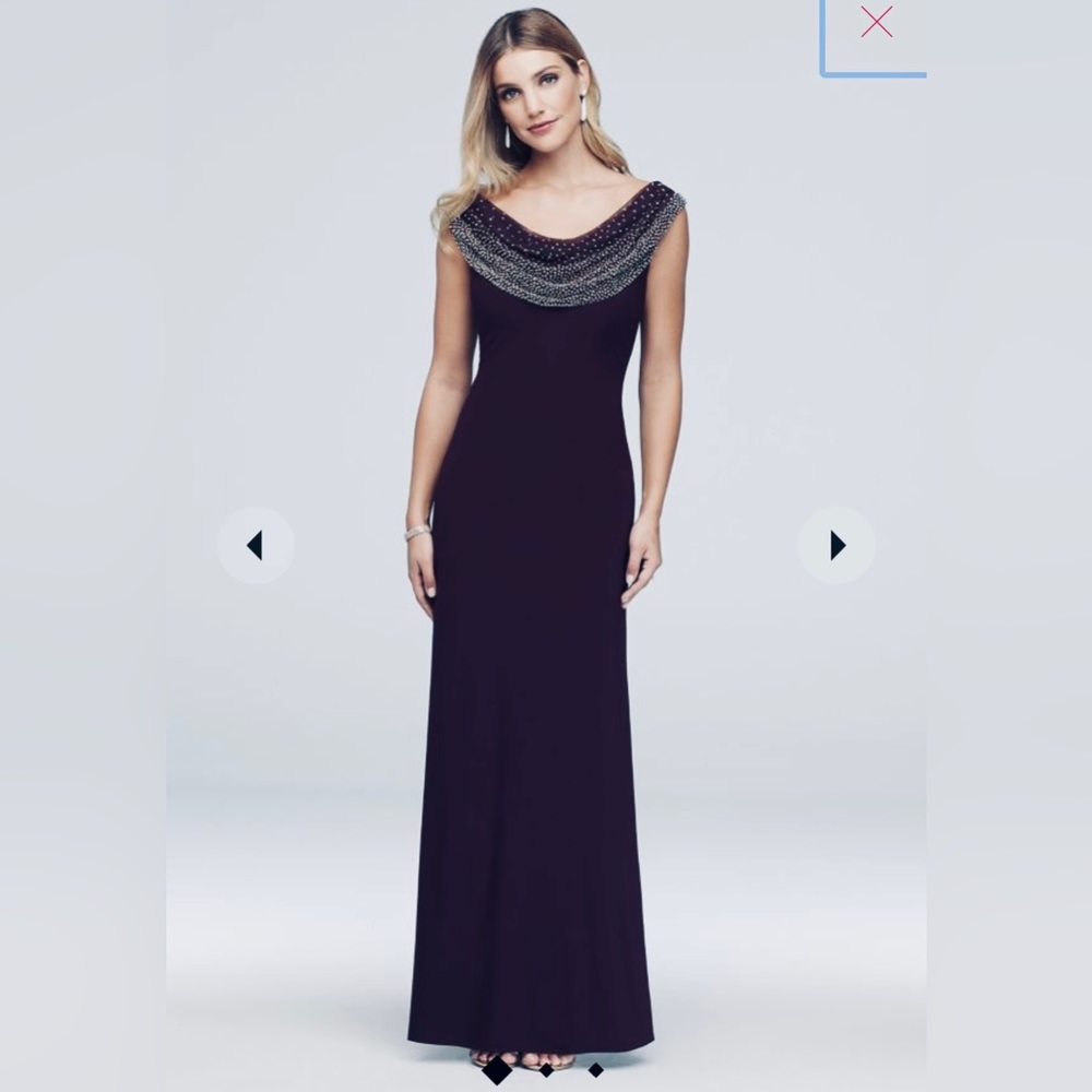 beaded cowl neck long mother of the bride dress